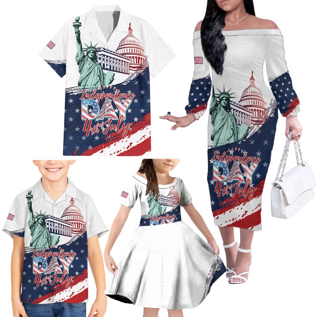 Personalized Fourth Of July Family Matching Off The Shoulder Long Sleeve Dress and Hawaiian Shirt Happy USA Independence Day