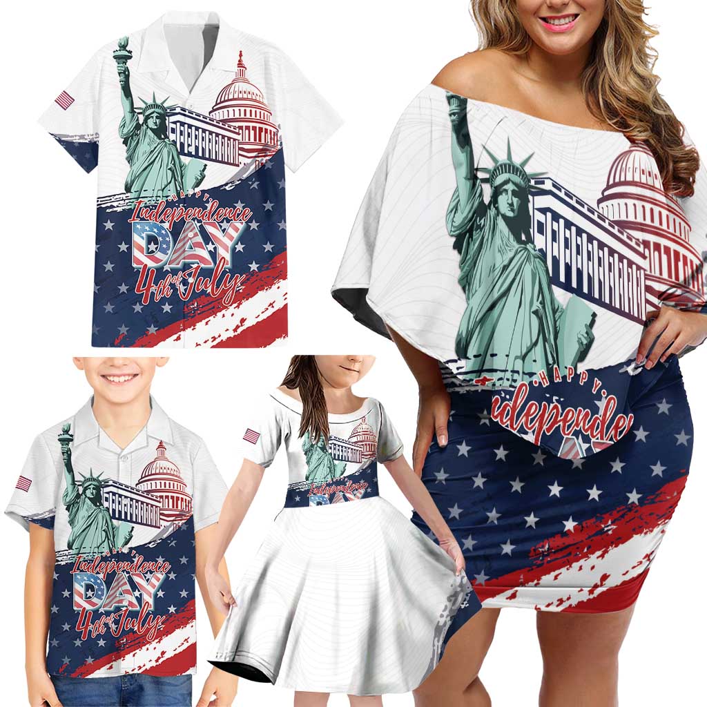 Personalized Fourth Of July Family Matching Off Shoulder Short Dress and Hawaiian Shirt Happy USA Independence Day