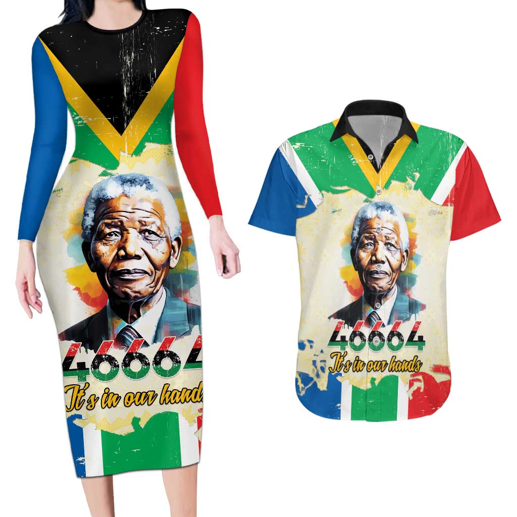 Nelson Mandela International Day 46664 Couples Matching Long Sleeve Bodycon Dress and Hawaiian Shirt Its In Our Hands - Batik Pattern