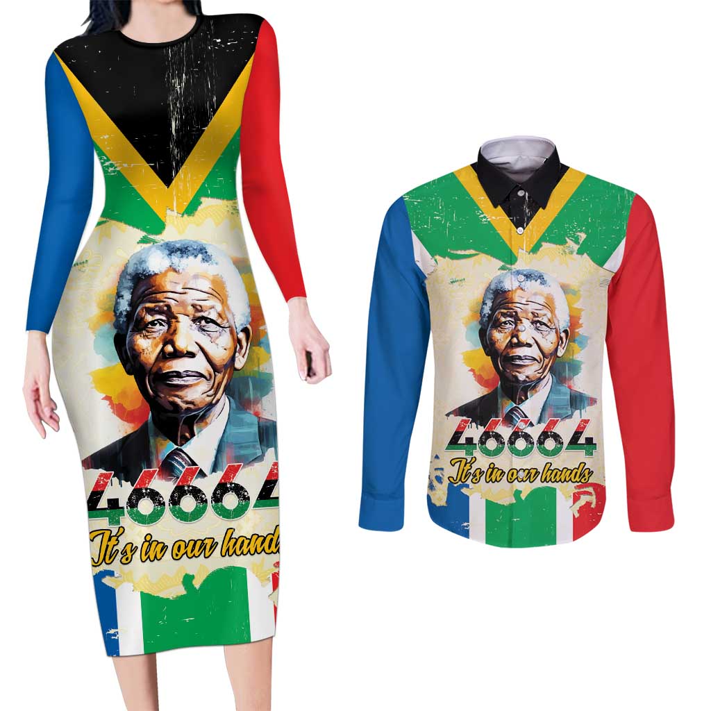Nelson Mandela International Day 46664 Couples Matching Long Sleeve Bodycon Dress and Long Sleeve Button Shirt Its In Our Hands - Batik Pattern