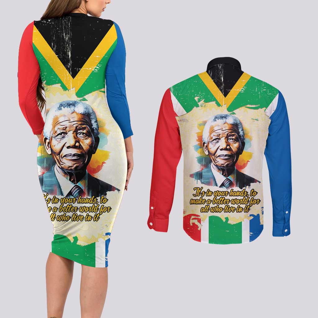 Nelson Mandela International Day 46664 Couples Matching Long Sleeve Bodycon Dress and Long Sleeve Button Shirt Its In Our Hands - Batik Pattern