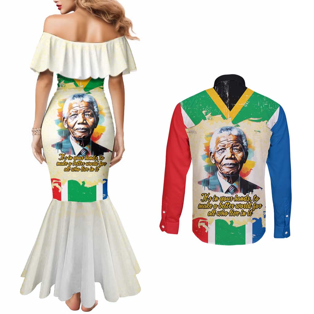 Nelson Mandela International Day 46664 Couples Matching Mermaid Dress and Long Sleeve Button Shirt Its In Our Hands - Batik Pattern