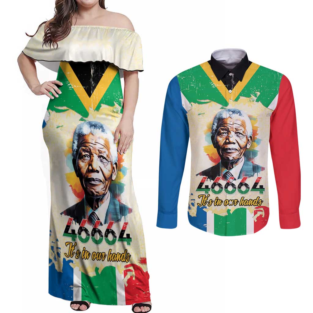 Nelson Mandela International Day 46664 Couples Matching Off Shoulder Maxi Dress and Long Sleeve Button Shirt Its In Our Hands - Batik Pattern