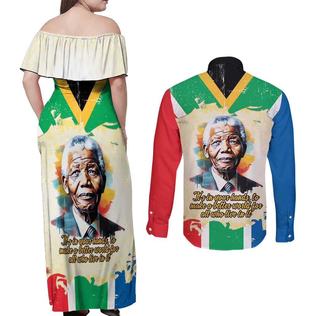 Nelson Mandela International Day 46664 Couples Matching Off Shoulder Maxi Dress and Long Sleeve Button Shirt Its In Our Hands - Batik Pattern