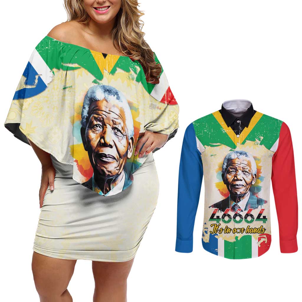 Nelson Mandela International Day 46664 Couples Matching Off Shoulder Short Dress and Long Sleeve Button Shirt Its In Our Hands - Batik Pattern