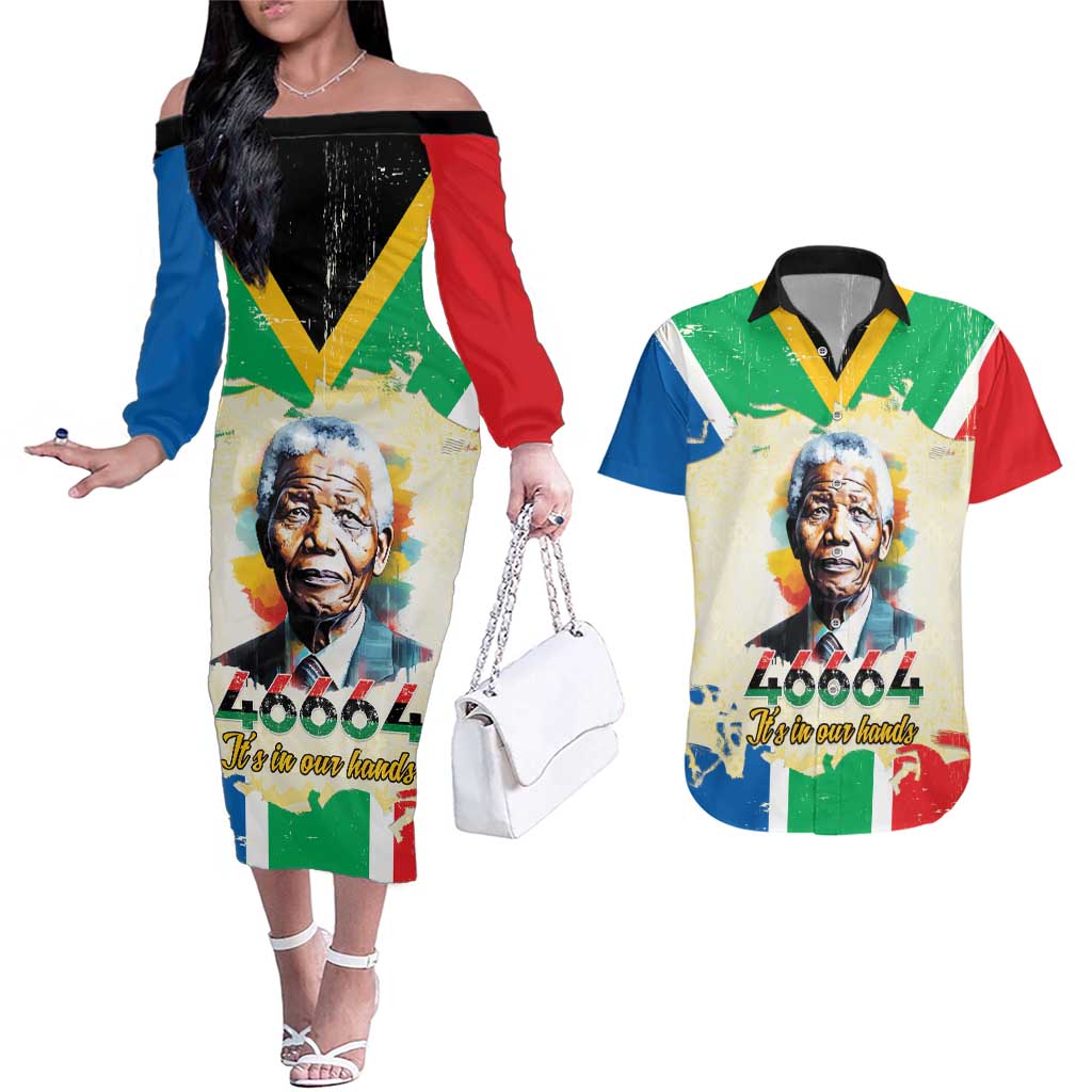 Nelson Mandela International Day 46664 Couples Matching Off The Shoulder Long Sleeve Dress and Hawaiian Shirt Its In Our Hands - Batik Pattern