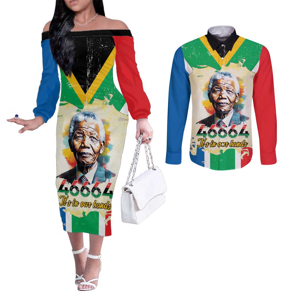 Nelson Mandela International Day 46664 Couples Matching Off The Shoulder Long Sleeve Dress and Long Sleeve Button Shirt Its In Our Hands - Batik Pattern