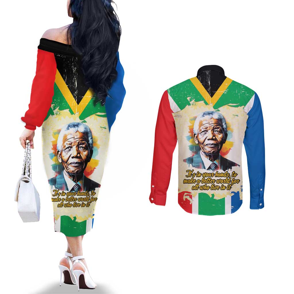 Nelson Mandela International Day 46664 Couples Matching Off The Shoulder Long Sleeve Dress and Long Sleeve Button Shirt Its In Our Hands - Batik Pattern