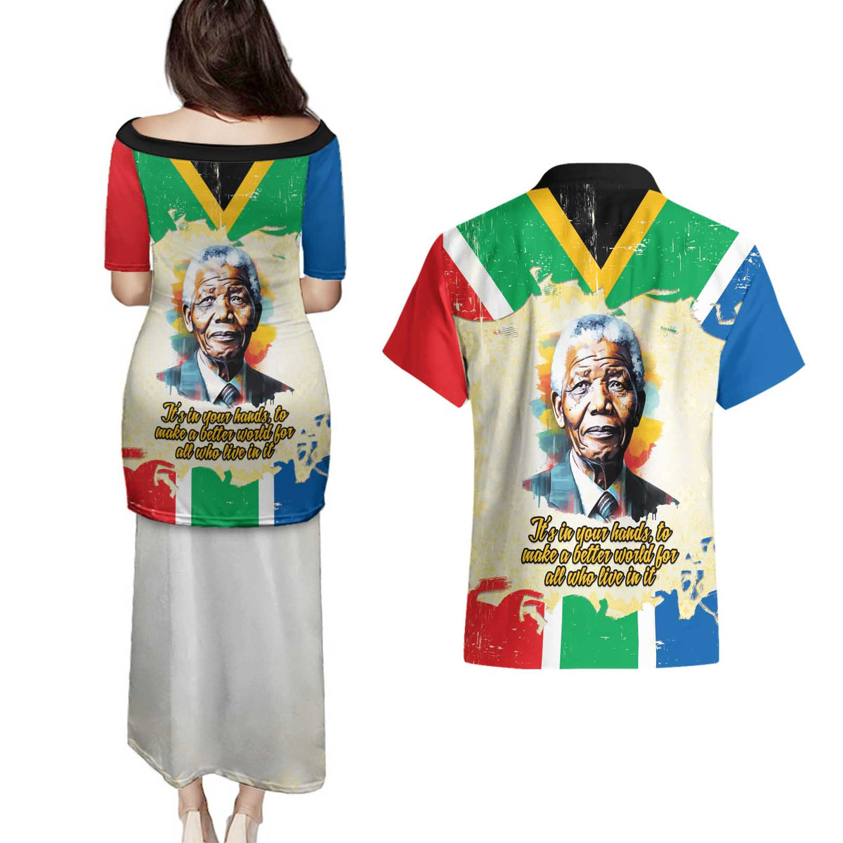 Nelson Mandela International Day 46664 Couples Matching Puletasi and Hawaiian Shirt Its In Our Hands - Batik Pattern
