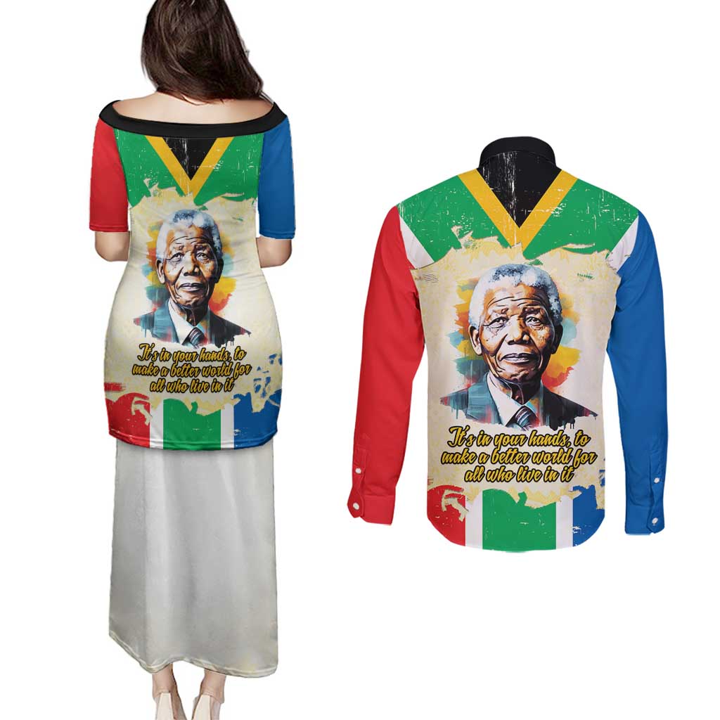 Nelson Mandela International Day 46664 Couples Matching Puletasi and Long Sleeve Button Shirt Its In Our Hands - Batik Pattern