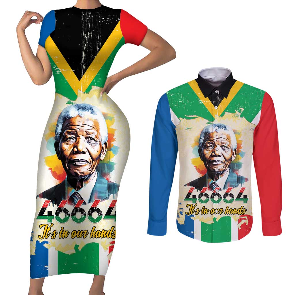 Nelson Mandela International Day 46664 Couples Matching Short Sleeve Bodycon Dress and Long Sleeve Button Shirt Its In Our Hands - Batik Pattern