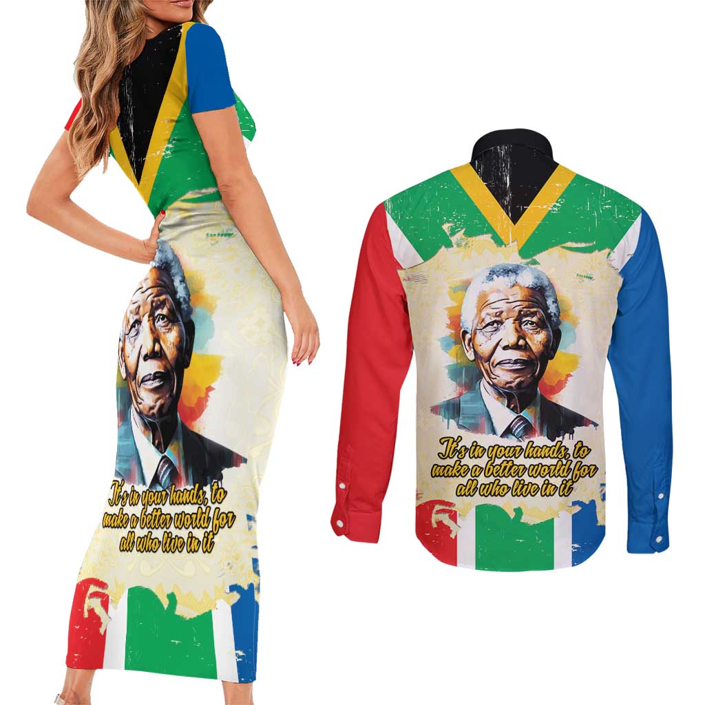 Nelson Mandela International Day 46664 Couples Matching Short Sleeve Bodycon Dress and Long Sleeve Button Shirt Its In Our Hands - Batik Pattern
