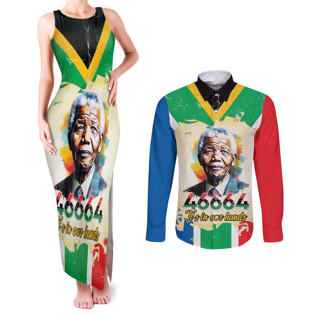 Nelson Mandela International Day 46664 Couples Matching Tank Maxi Dress and Long Sleeve Button Shirt Its In Our Hands - Batik Pattern