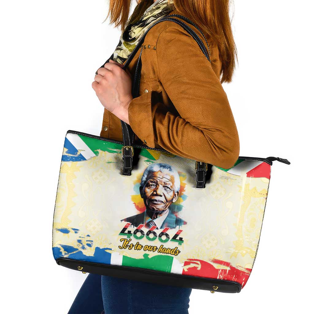 Nelson Mandela International Day 46664 Leather Tote Bag Its In Our Hands - Batik Pattern