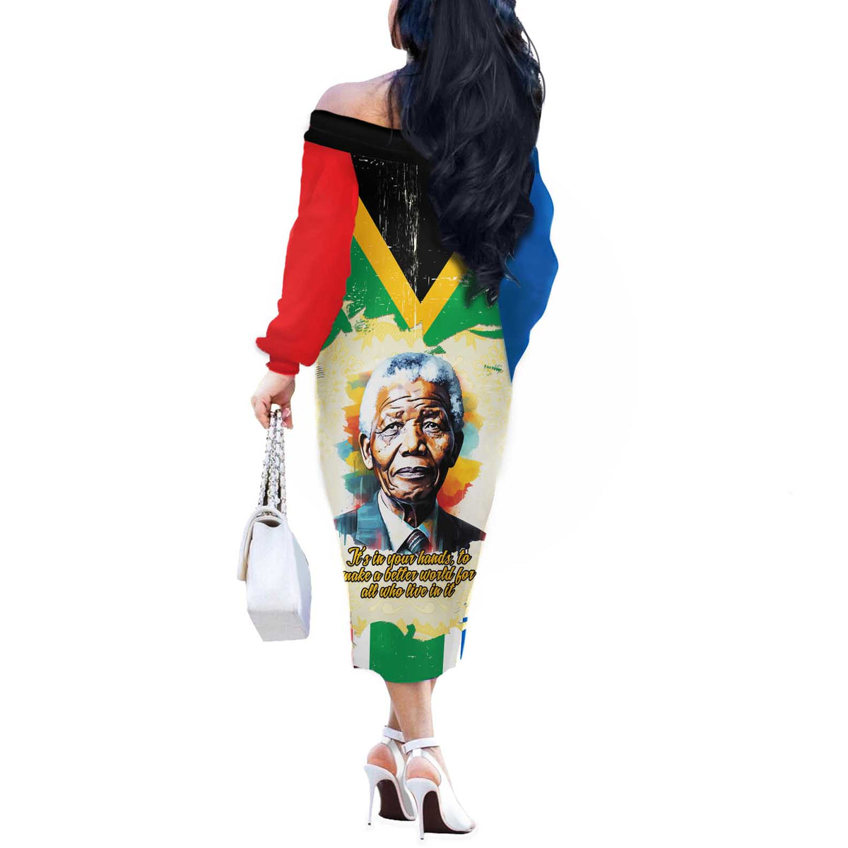 Nelson Mandela International Day 46664 Off The Shoulder Long Sleeve Dress Its In Our Hands - Batik Pattern