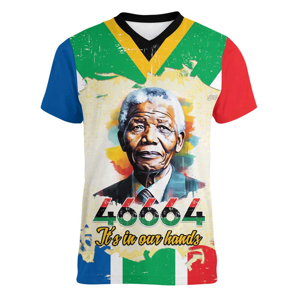 Nelson Mandela International Day 46664 Women V-Neck T-Shirt Its In Our Hands - Batik Pattern