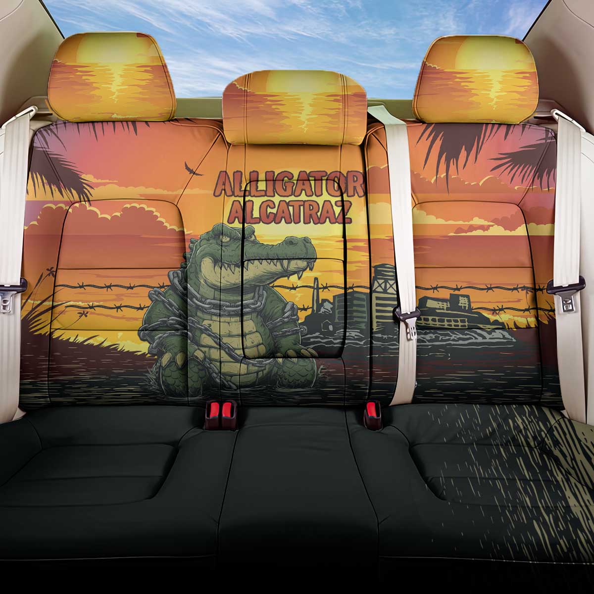 Alligator Alcatraz Back Car Seat Cover Gator Island Prison Retro Sunset - Wonder Print Shop