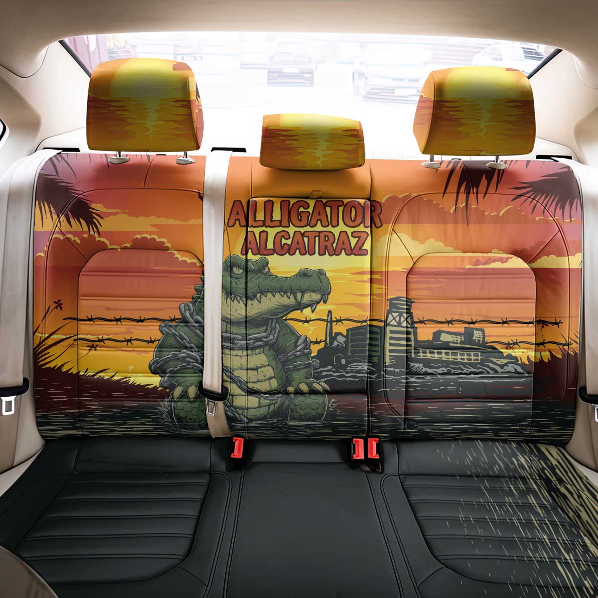 Alligator Alcatraz Back Car Seat Cover Gator Island Prison Retro Sunset - Wonder Print Shop