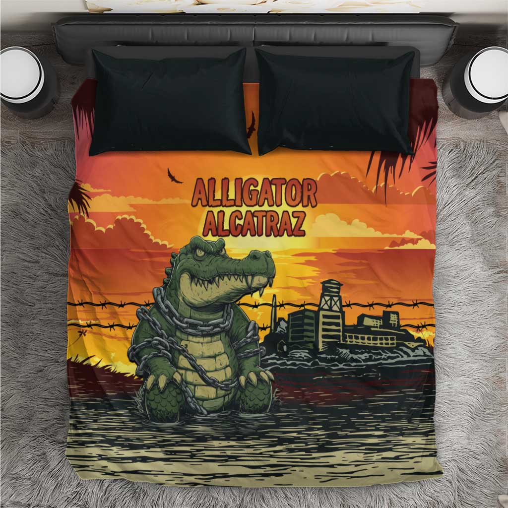 Alligator Alcatraz Bedding Set Gator Island Prison Retro Sunset - Wonder Print Shop