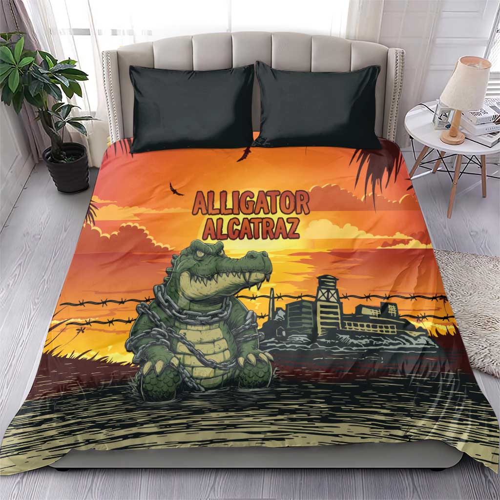 Alligator Alcatraz Bedding Set Gator Island Prison Retro Sunset - Wonder Print Shop