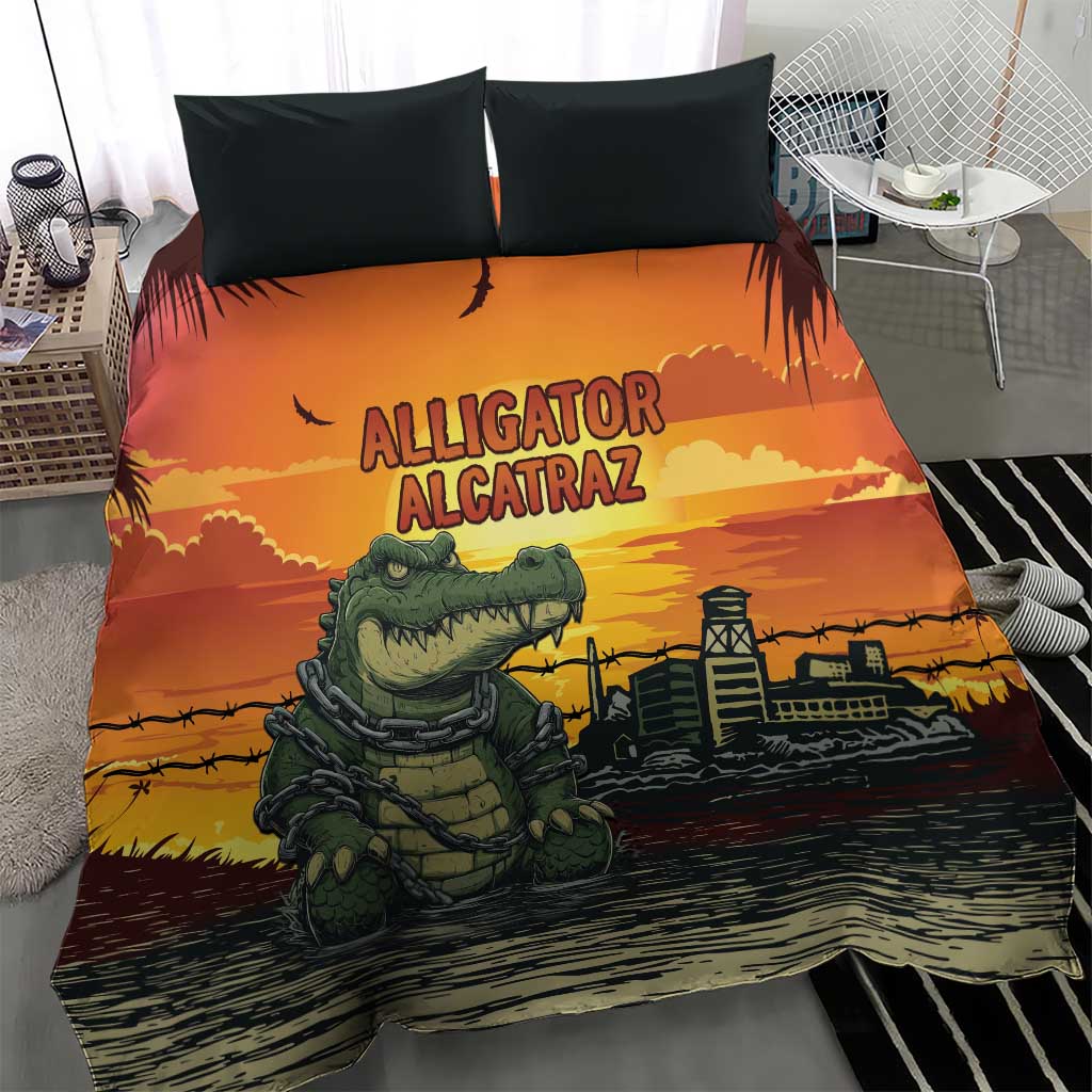 Alligator Alcatraz Bedding Set Gator Island Prison Retro Sunset - Wonder Print Shop