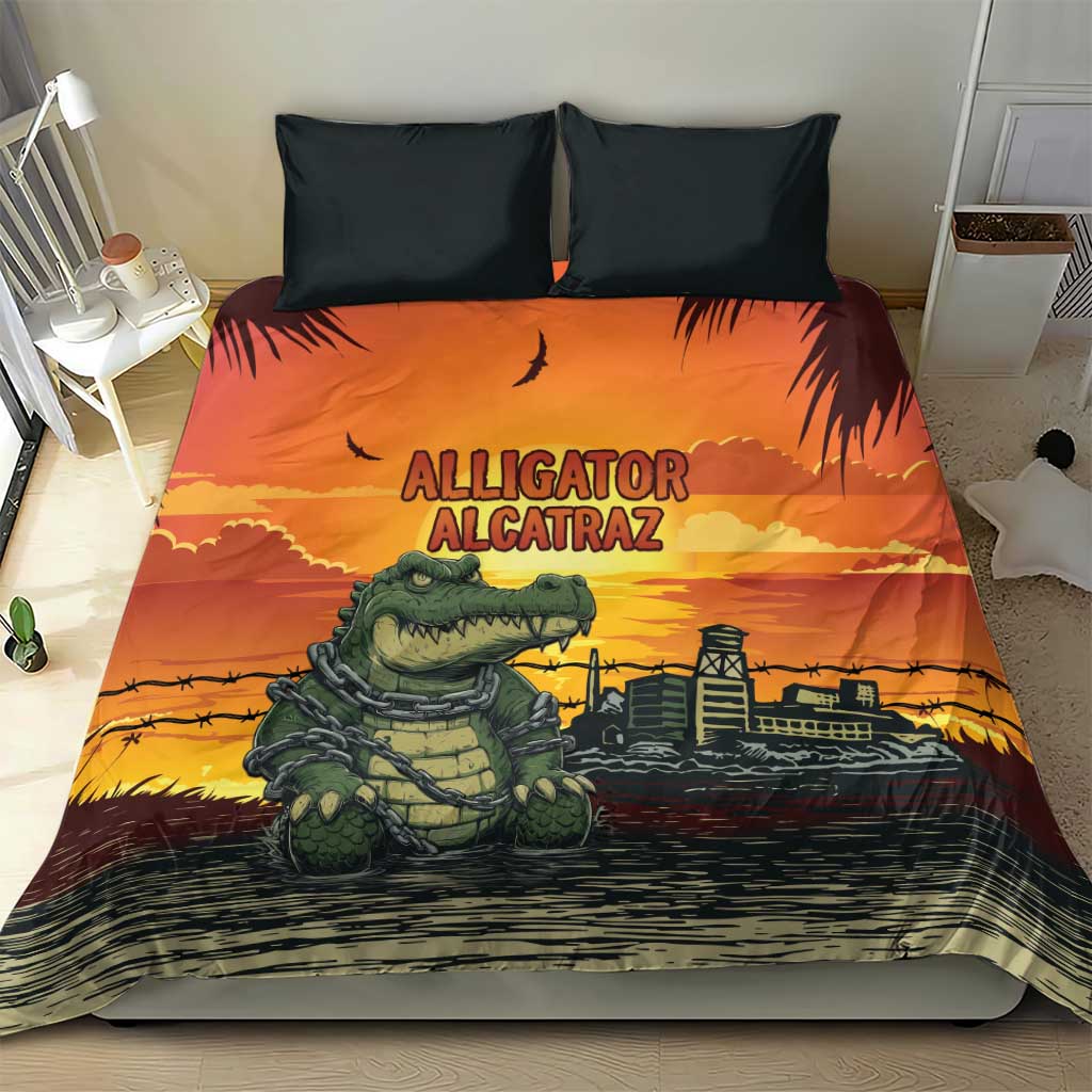 Alligator Alcatraz Bedding Set Gator Island Prison Retro Sunset - Wonder Print Shop