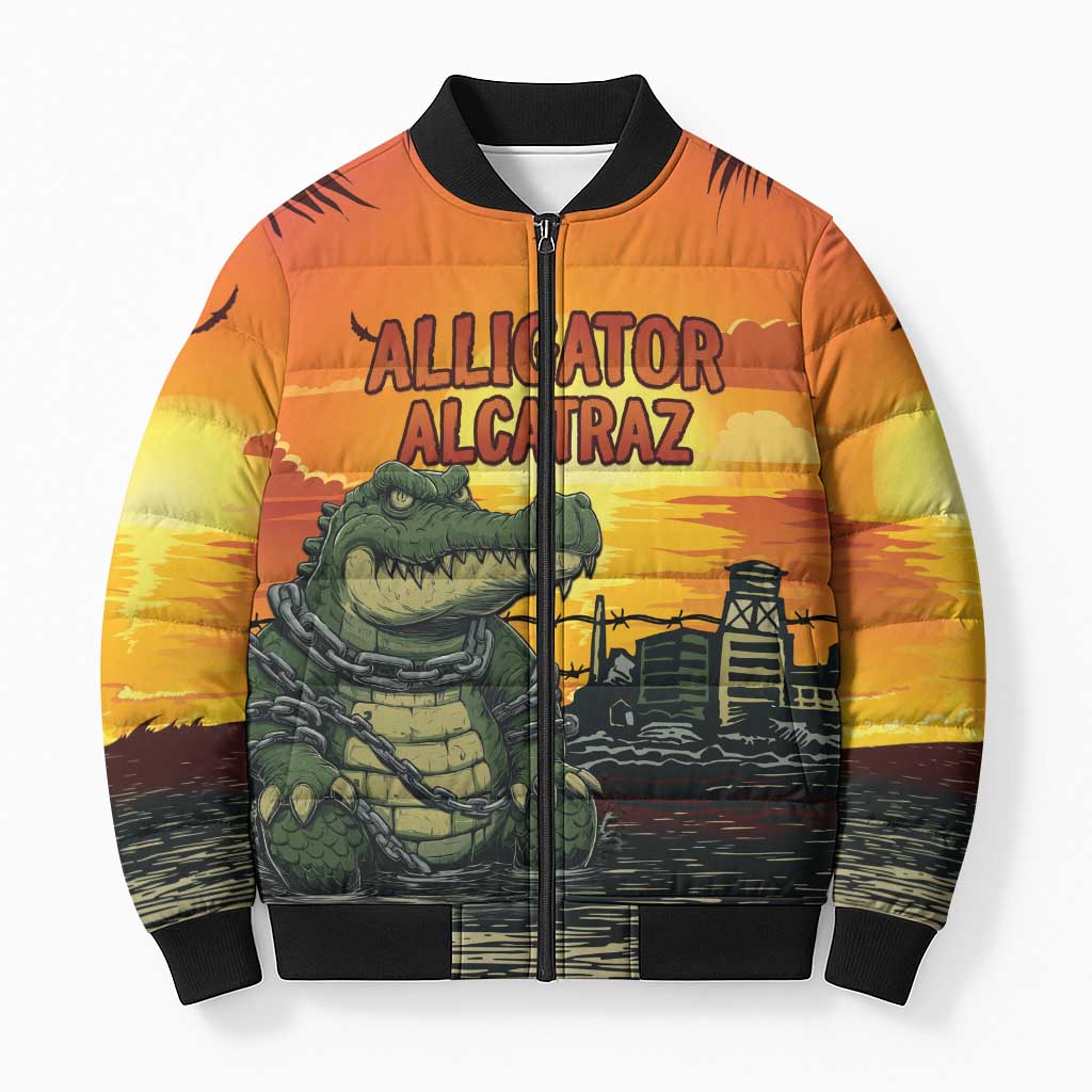 Personalized Alligator Alcatraz Bomber Puffer Jacket Gator Island Prison Retro Sunset - Wonder Print Shop