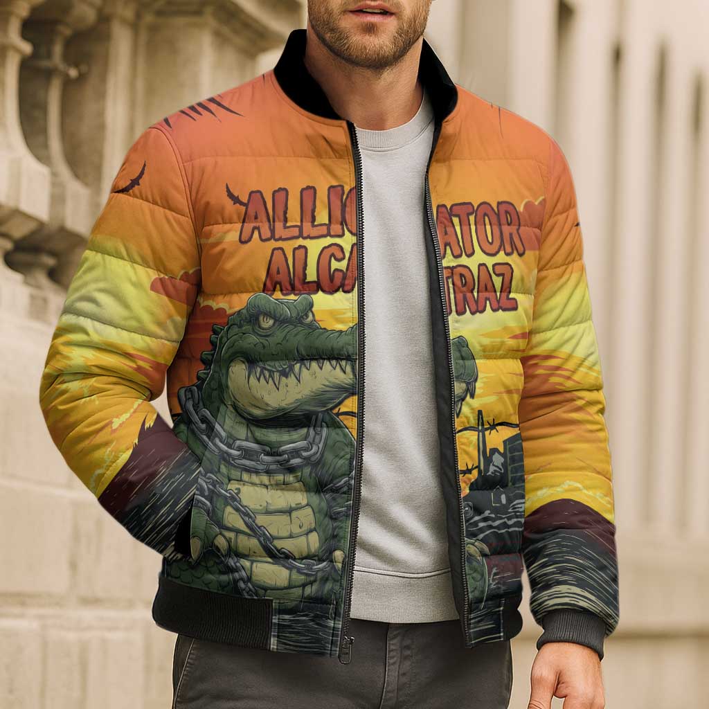Personalized Alligator Alcatraz Bomber Puffer Jacket Gator Island Prison Retro Sunset - Wonder Print Shop