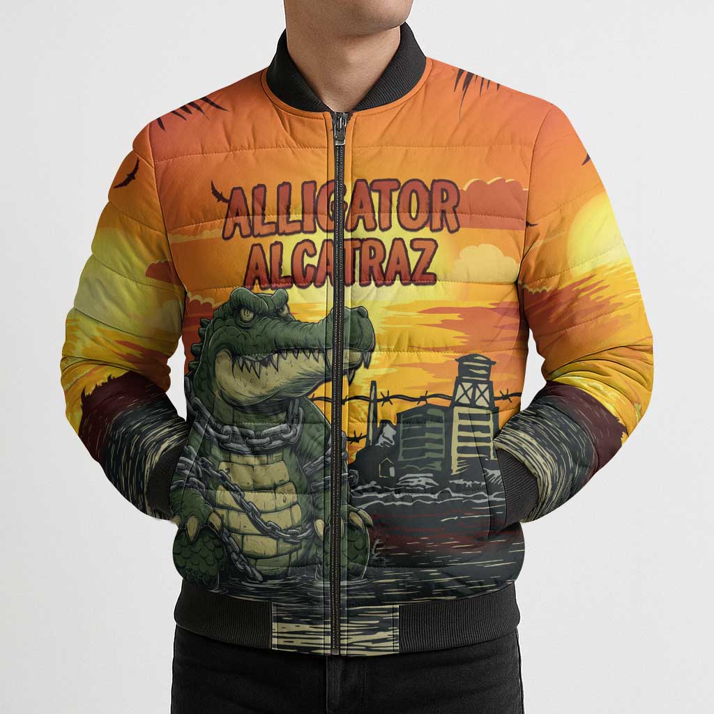 Personalized Alligator Alcatraz Bomber Puffer Jacket Gator Island Prison Retro Sunset - Wonder Print Shop