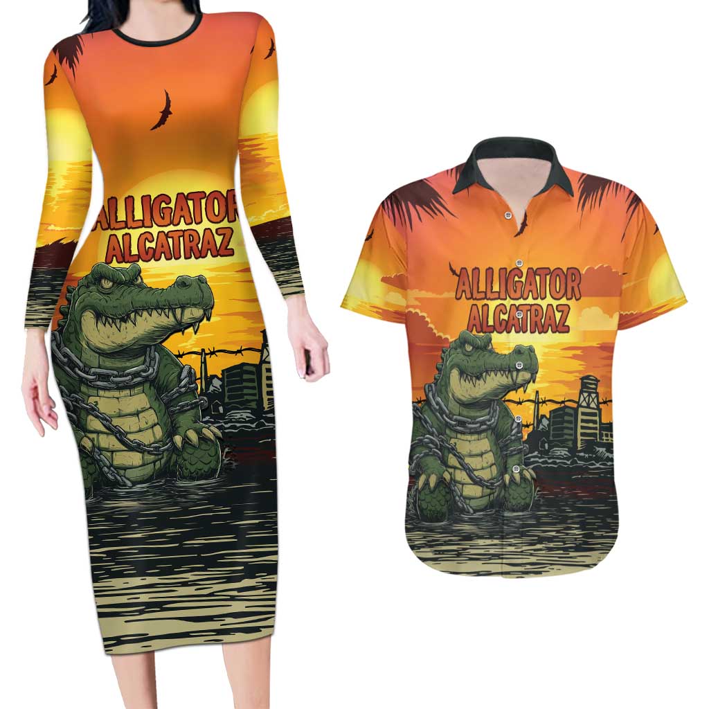 Personalized Alligator Alcatraz Couples Matching Long Sleeve Bodycon Dress and Hawaiian Shirt Gator Island Prison Retro Sunset - Wonder Print Shop