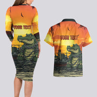 Personalized Alligator Alcatraz Couples Matching Long Sleeve Bodycon Dress and Hawaiian Shirt Gator Island Prison Retro Sunset - Wonder Print Shop