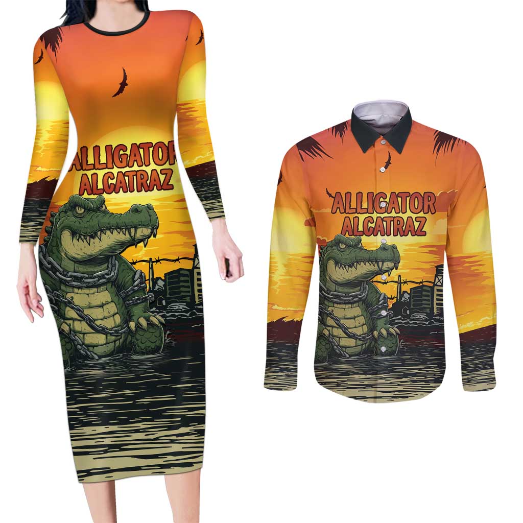 Personalized Alligator Alcatraz Couples Matching Long Sleeve Bodycon Dress and Long Sleeve Button Shirt Gator Island Prison Retro Sunset - Wonder Print Shop