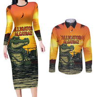 Personalized Alligator Alcatraz Couples Matching Long Sleeve Bodycon Dress and Long Sleeve Button Shirt Gator Island Prison Retro Sunset - Wonder Print Shop