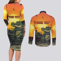 Personalized Alligator Alcatraz Couples Matching Long Sleeve Bodycon Dress and Long Sleeve Button Shirt Gator Island Prison Retro Sunset - Wonder Print Shop