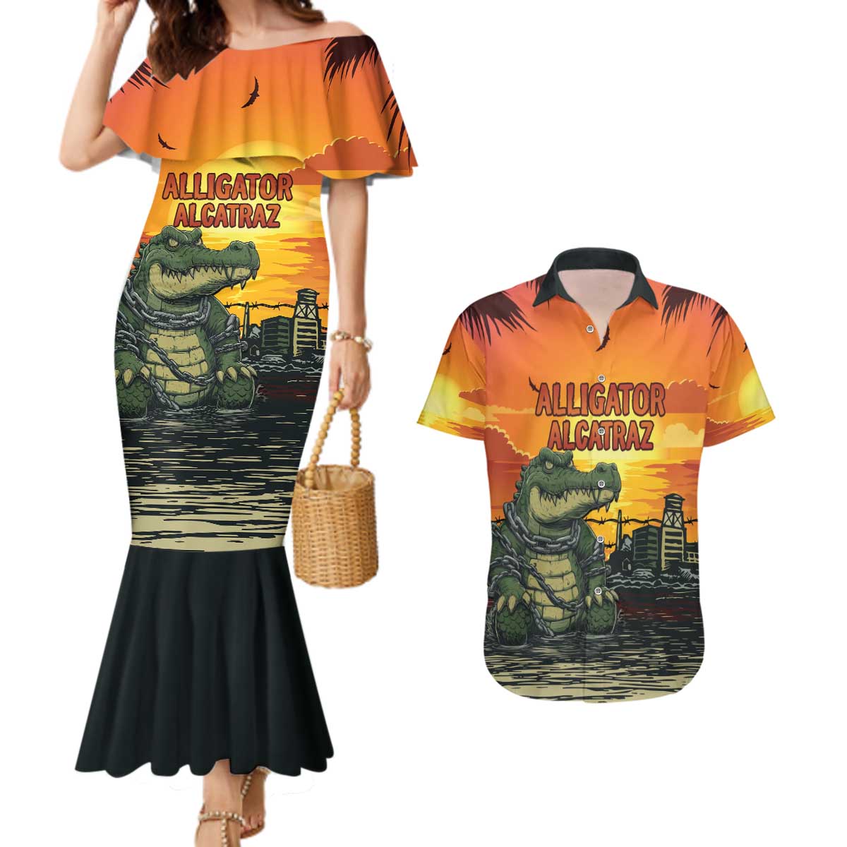 Personalized Alligator Alcatraz Couples Matching Mermaid Dress and Hawaiian Shirt Gator Island Prison Retro Sunset - Wonder Print Shop