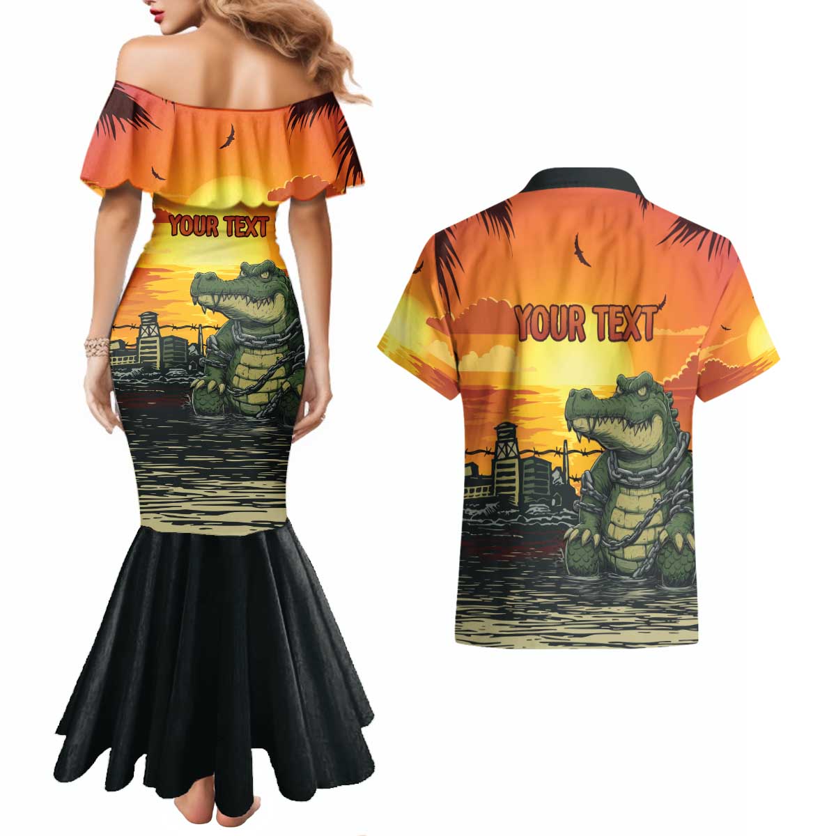 Personalized Alligator Alcatraz Couples Matching Mermaid Dress and Hawaiian Shirt Gator Island Prison Retro Sunset - Wonder Print Shop