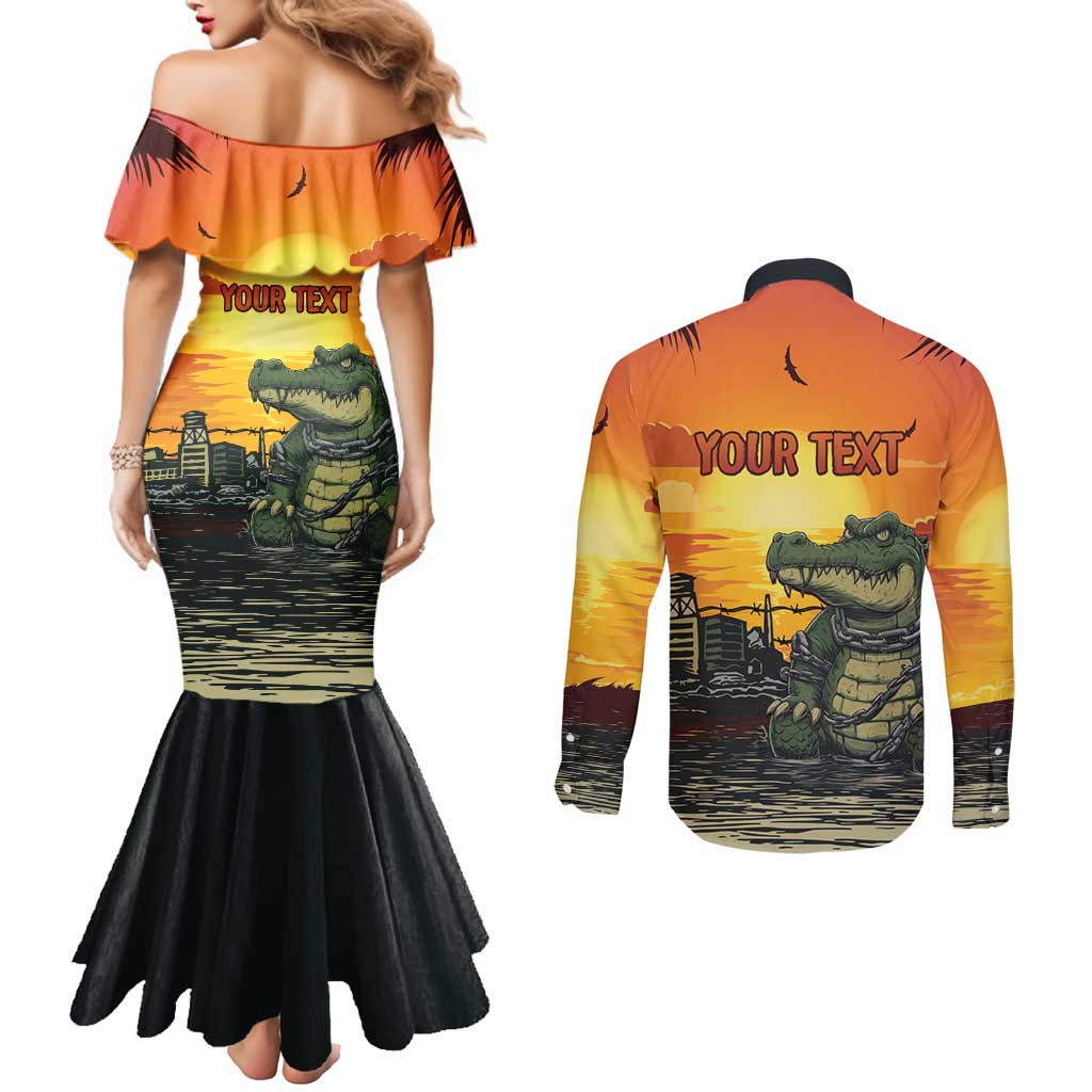 Personalized Alligator Alcatraz Couples Matching Mermaid Dress and Long Sleeve Button Shirt Gator Island Prison Retro Sunset - Wonder Print Shop