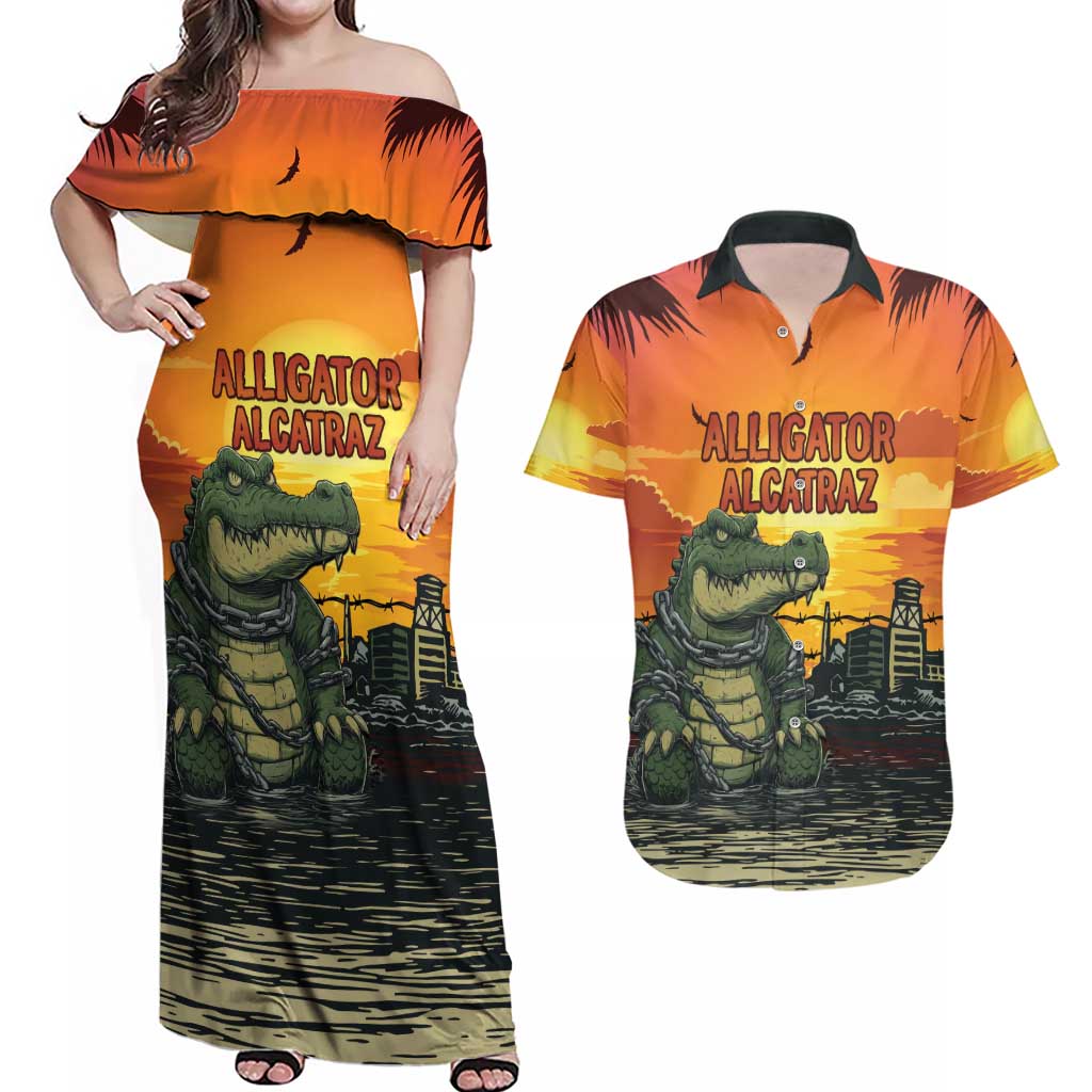 Personalized Alligator Alcatraz Couples Matching Off Shoulder Maxi Dress and Hawaiian Shirt Gator Island Prison Retro Sunset - Wonder Print Shop