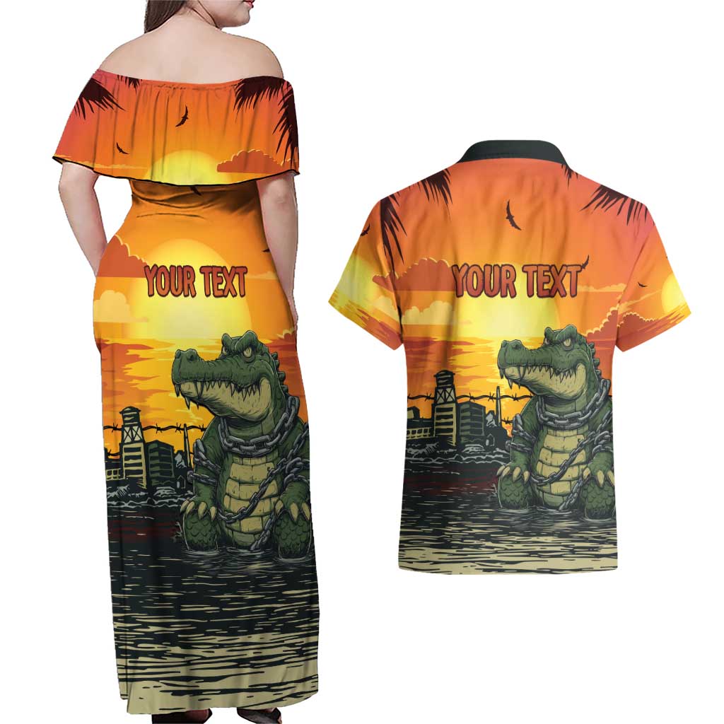 Personalized Alligator Alcatraz Couples Matching Off Shoulder Maxi Dress and Hawaiian Shirt Gator Island Prison Retro Sunset - Wonder Print Shop