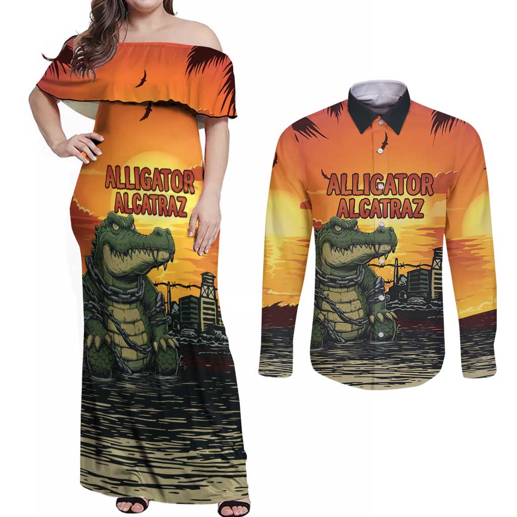 Personalized Alligator Alcatraz Couples Matching Off Shoulder Maxi Dress and Long Sleeve Button Shirt Gator Island Prison Retro Sunset - Wonder Print Shop