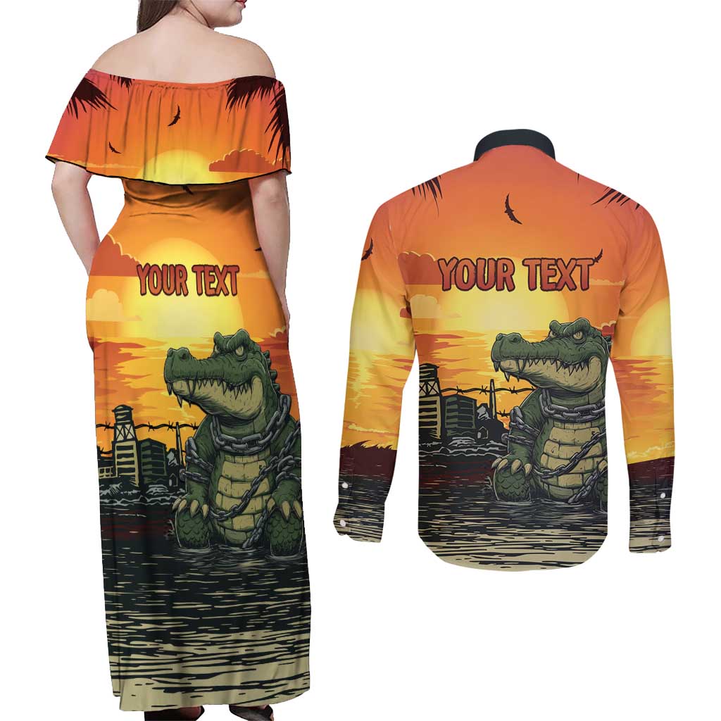 Personalized Alligator Alcatraz Couples Matching Off Shoulder Maxi Dress and Long Sleeve Button Shirt Gator Island Prison Retro Sunset - Wonder Print Shop