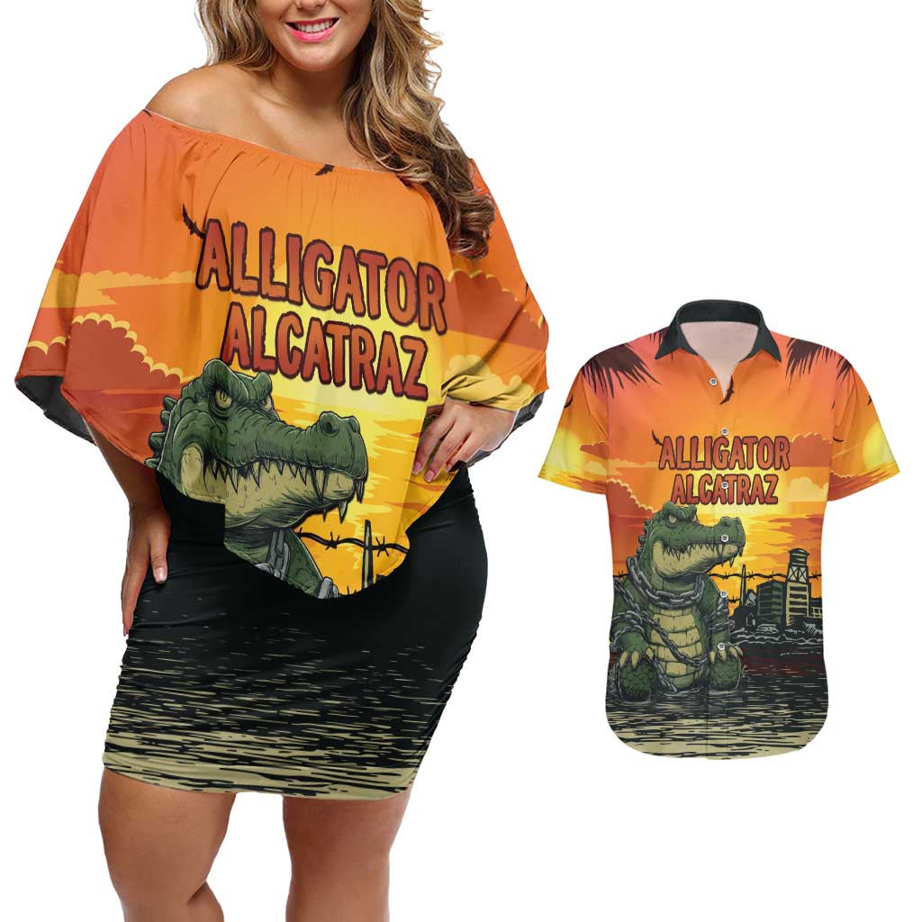 Personalized Alligator Alcatraz Couples Matching Off Shoulder Short Dress and Hawaiian Shirt Gator Island Prison Retro Sunset - Wonder Print Shop