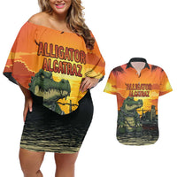 Personalized Alligator Alcatraz Couples Matching Off Shoulder Short Dress and Hawaiian Shirt Gator Island Prison Retro Sunset - Wonder Print Shop