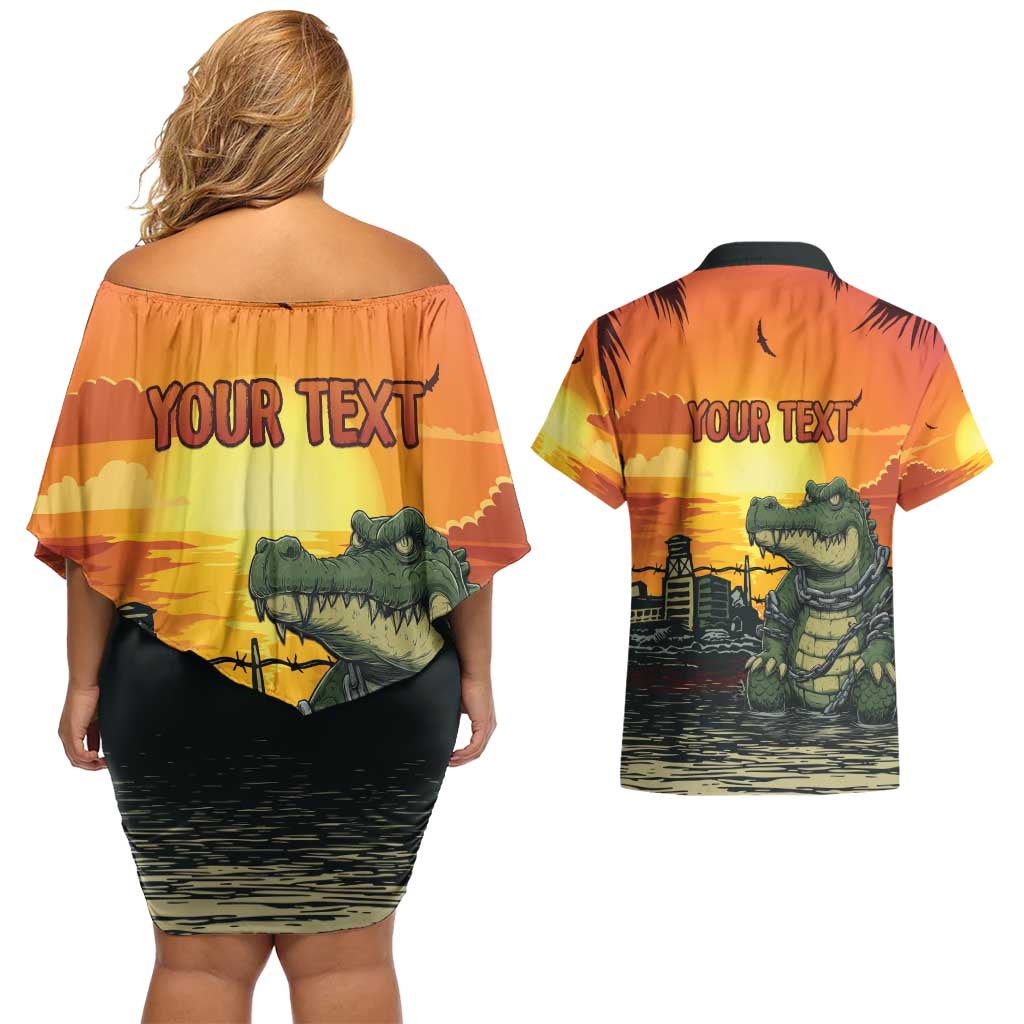 Personalized Alligator Alcatraz Couples Matching Off Shoulder Short Dress and Hawaiian Shirt Gator Island Prison Retro Sunset - Wonder Print Shop