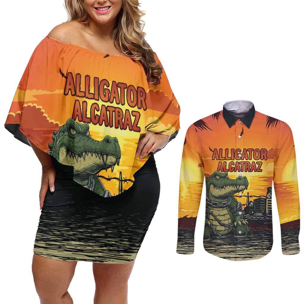 Personalized Alligator Alcatraz Couples Matching Off Shoulder Short Dress and Long Sleeve Button Shirt Gator Island Prison Retro Sunset - Wonder Print Shop
