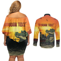 Personalized Alligator Alcatraz Couples Matching Off Shoulder Short Dress and Long Sleeve Button Shirt Gator Island Prison Retro Sunset - Wonder Print Shop