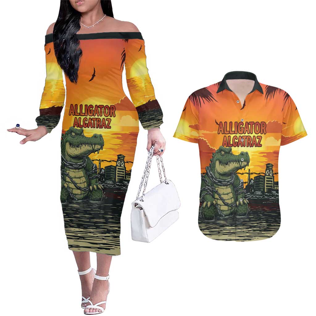 Personalized Alligator Alcatraz Couples Matching Off The Shoulder Long Sleeve Dress and Hawaiian Shirt Gator Island Prison Retro Sunset - Wonder Print Shop