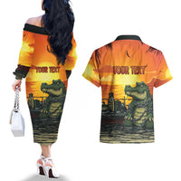 Personalized Alligator Alcatraz Couples Matching Off The Shoulder Long Sleeve Dress and Hawaiian Shirt Gator Island Prison Retro Sunset - Wonder Print Shop