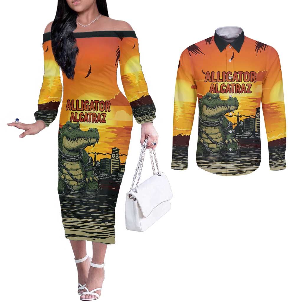 Personalized Alligator Alcatraz Couples Matching Off The Shoulder Long Sleeve Dress and Long Sleeve Button Shirt Gator Island Prison Retro Sunset - Wonder Print Shop