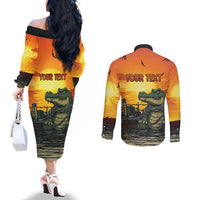 Personalized Alligator Alcatraz Couples Matching Off The Shoulder Long Sleeve Dress and Long Sleeve Button Shirt Gator Island Prison Retro Sunset - Wonder Print Shop